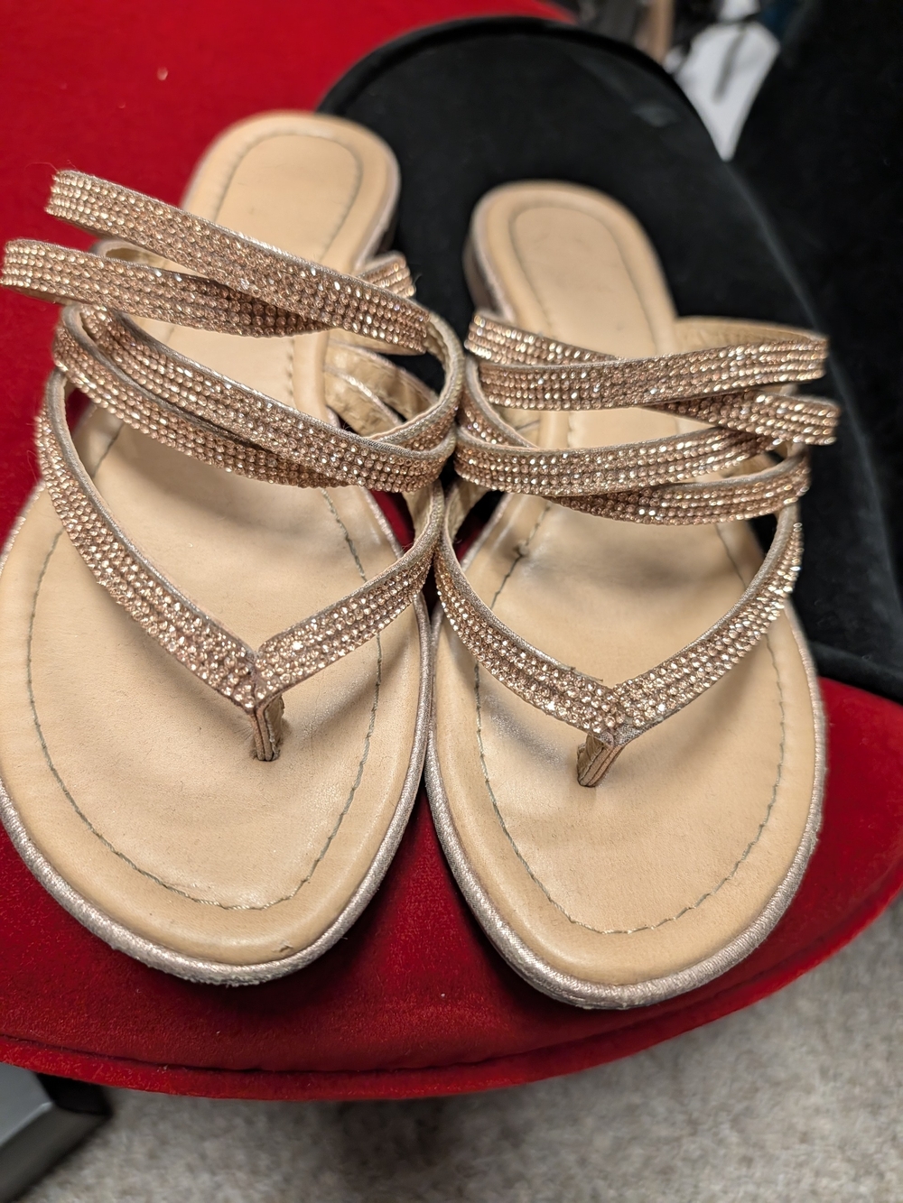 Rhinestone Strappy Metallic Rose Sandal - Women's Slip-On 8.5